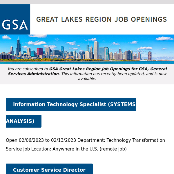 New/Current Job Opportunities in the GSA Great Lakes Region