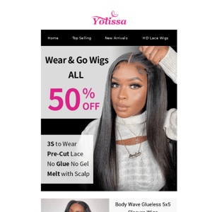 ALL 50% OFF! Wear To Go NO GLUE NO GEL Lace Wigs