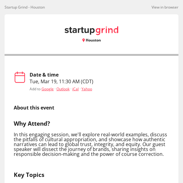 Startup Grind, join us for Beneficial Narratives: Shaping Authentic Brand Stories for Global Impact