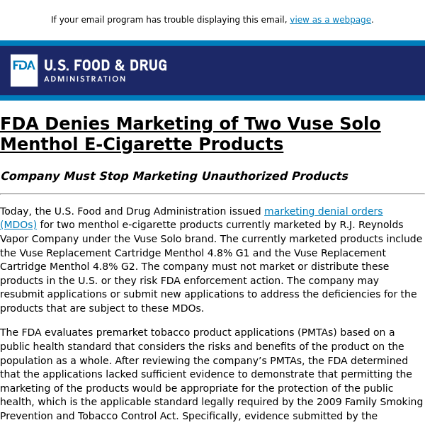 FDA Denies Marketing of Two Vuse Solo Menthol E-Cigarette Products