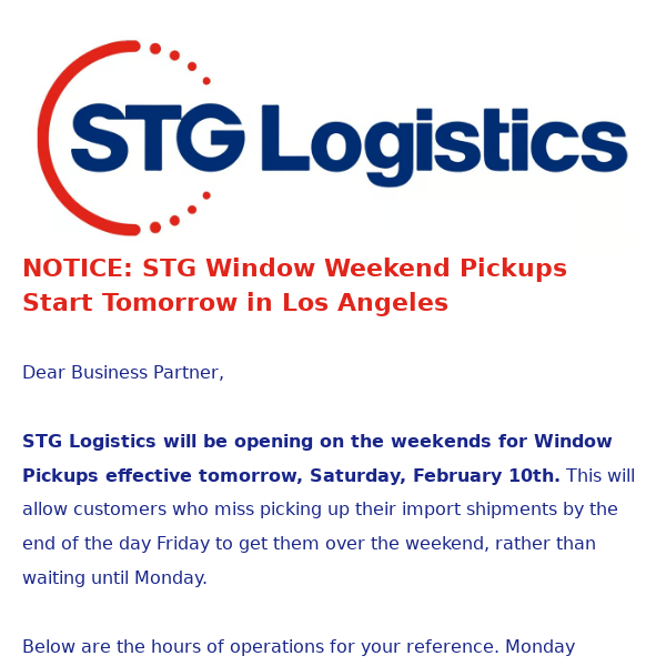 NOTICE: STG Window Weekend Pickups Start Tomorrow in Los Angeles