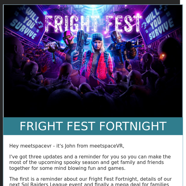🌆 MeetspaceVR , Incoming Sol Heist Tournament 🔫 and Fright Fest Fortnight 🧟‍♂️