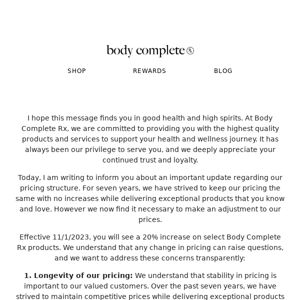 Important Update: Body Complete Rx Announces Pricing Adjustment 📢