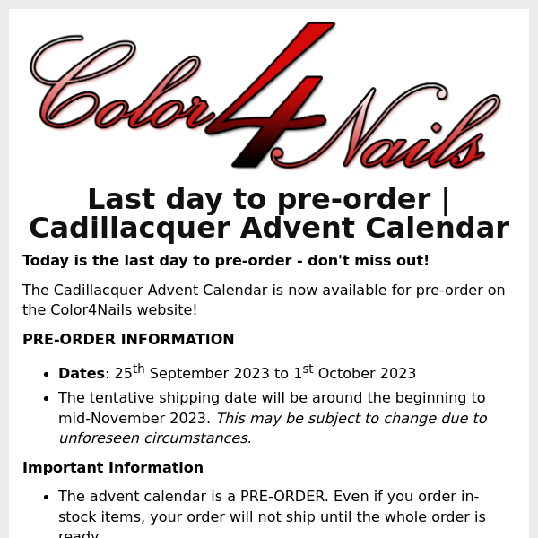 Last day to pre-order the Cadillacquer Advent Calendar! Don't miss out!