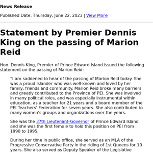 Statement by Premier Dennis King on the passing of Marion Reid