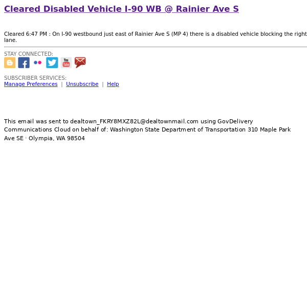 Disabled Vehicle I-90 WB @ Rainier Ave S