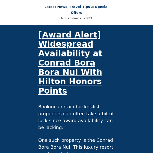 Book Now! Conrad Bora Bora, JetBlue Mint with Avios, $2,180 RT in business to Europe, and more...