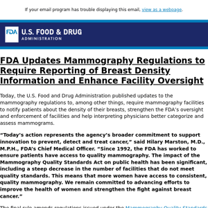 FDA Updates Mammography Regulations to Require Reporting of Breast Density Information and Enhance Facility Oversight