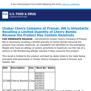 Chukar Cherry Company of Prosser, WA is Voluntarily Recalling a Limited Quantity of Cherry Bombs Because the Product May Contain Hazelnuts