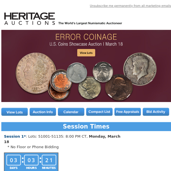 Ending Soon: March 18 Error Coinage US Coins Showcase Auction