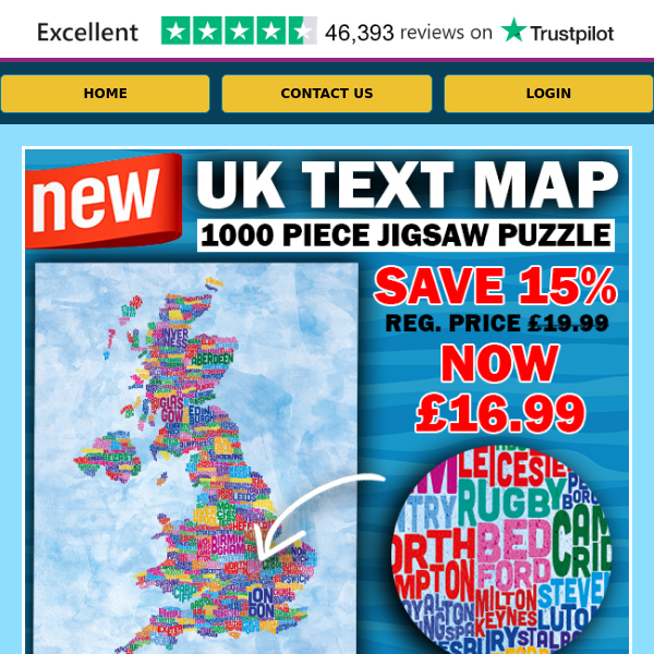 BRAND NEW! UK Text Map Jigsaw. 15% Off