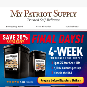 URGENT: Final Days to SAVE 20% on your Emergency Food Kits!