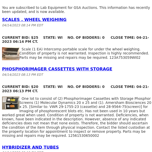 GSA Auctions Lab Equipment Update