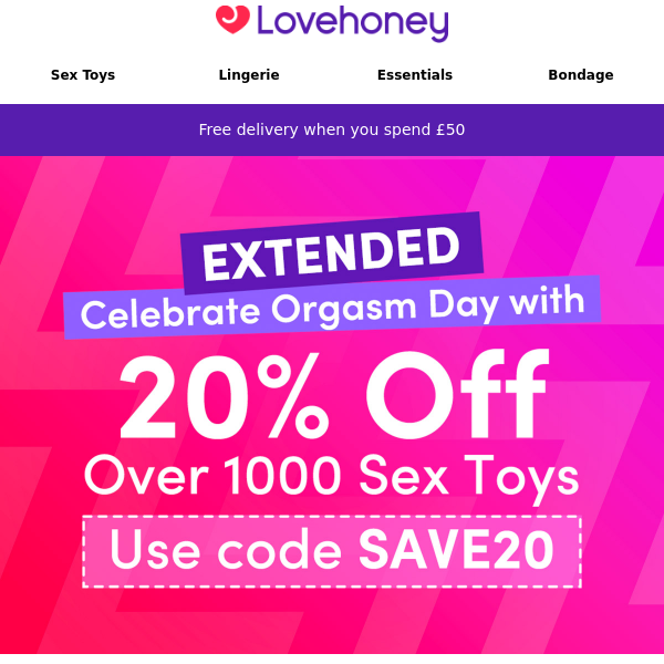 EXTENDED! 20% off over 1000 Sex Toys!