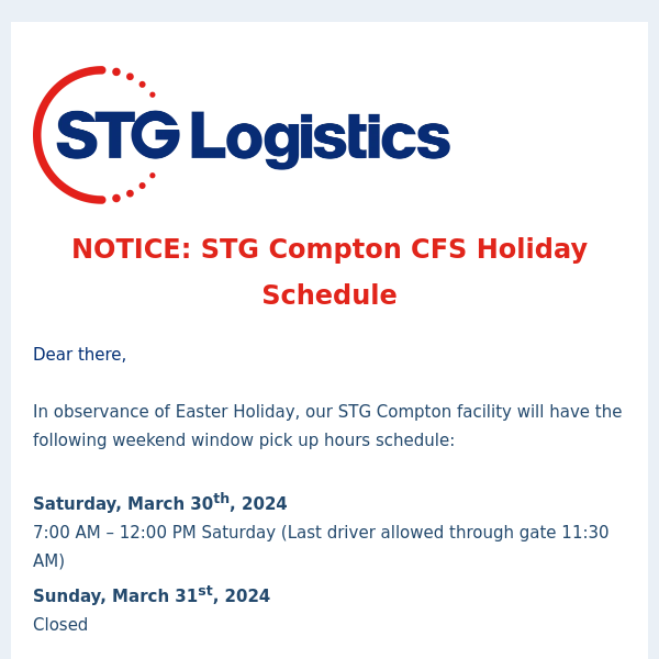 NOTICE: STG Compton CFS Holiday Schedule