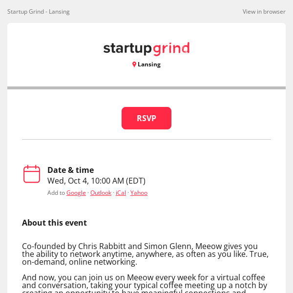 New Event: Lansing - Startup (Coffee) Grind Connexions - Networking through Meeow