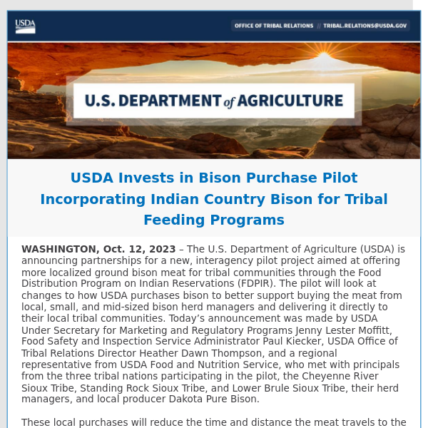 USDA Invests in Bison Purchase Pilot Incorporating Indian Country Bison for Tribal Feeding Programs