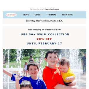 Ending Soon: 20% Off UPF 50+ Swim Collection + 40% Off Fall & Winter Collection