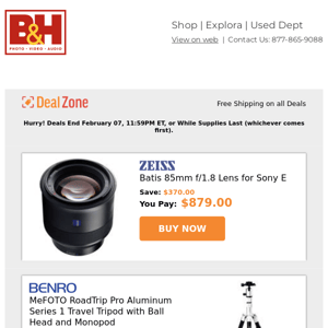 Today's Deals: Zeiss Batis 85mm f/1.8 Lens for Sony E, Benro MeFOTO RoadTrip Pro Aluminum Series 1 Travel Tripod, Nanuk 945 Hard Cases, Lexar 256GB Professional 1667x Memory Card and more