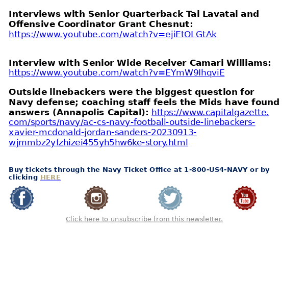 Navy Athletics Media Links for Wednesday