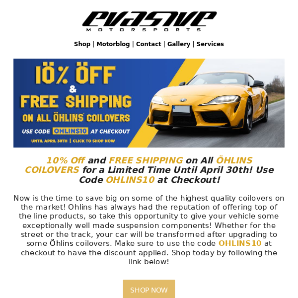 Ohlins Coilovers 10% Off + Free Shipping!