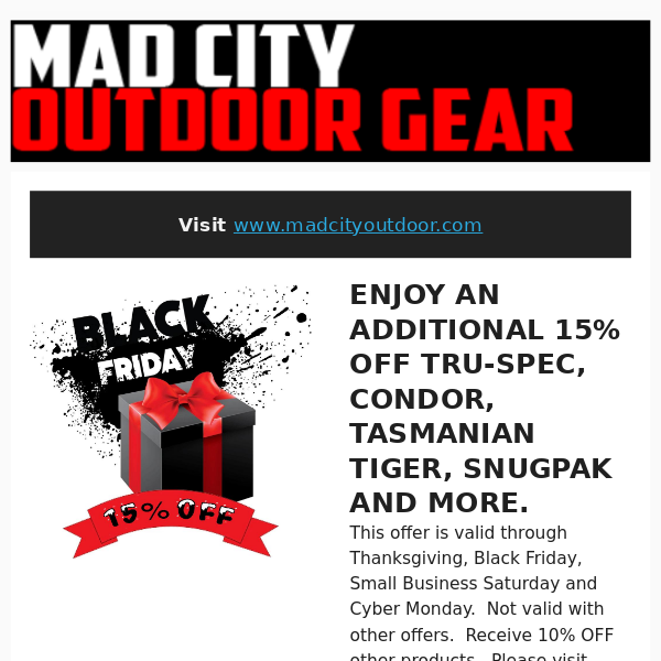 Mad City Outdoor Gear, here is the Black Friday Sale you have been waiting for.