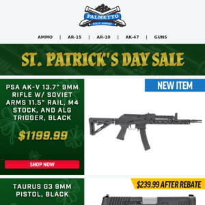 St. Patrick's Day Sale New Product! | PSA AK-V 13.7" 9mm Soviet Arms Rail & ALG Trigger $1199.99!