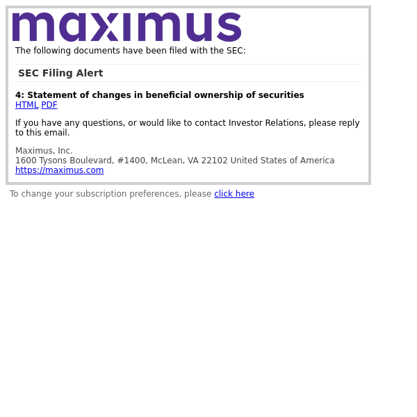 SEC Filing Alert for Maximus, Inc.