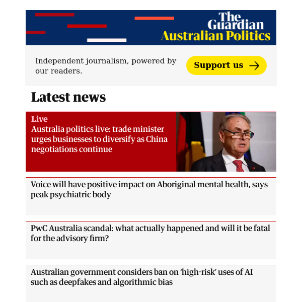 Australian politics: Australia politics live: trade minister urges businesses to diversify as China negotiations continue