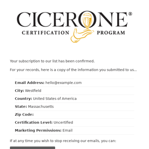 Cicerone Certification Program Active Website Subscribers: Subscription Confirmed