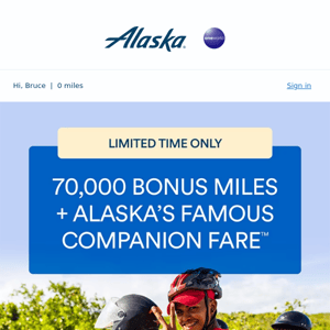 Limited-time 70,000 bonus mile offer just for you, Alaska Airlines