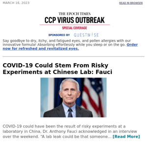 COVID-19 Could Stem From Risky Experiments at Chinese Lab: Fauci