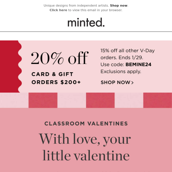 Final hours! 20% off valentines for kids of all ages