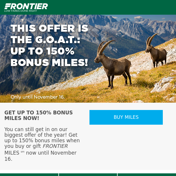 Frontier Airlines, you still have time! Buy or gift points and get a bonus on us.