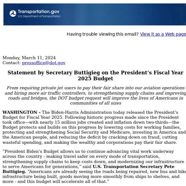 Statement by Secretary Buttigieg on the President’s Fiscal Year 2025 Budget