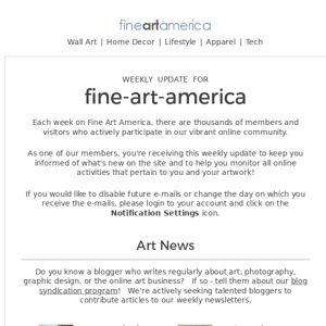 Fine Art America - Weekly Update for Fine Art America