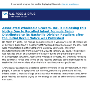 Associated Wholesale Grocers, Inc. is Releasing this Notice Due to Recalled Infant Formula Being Distributed to its Nashville Division Retailers after the Initial Recall Notice was Published