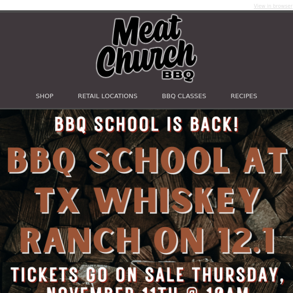 VIP ANNOUNCEMENT - BBQ School at TX Whiskey Ranch on December 1st