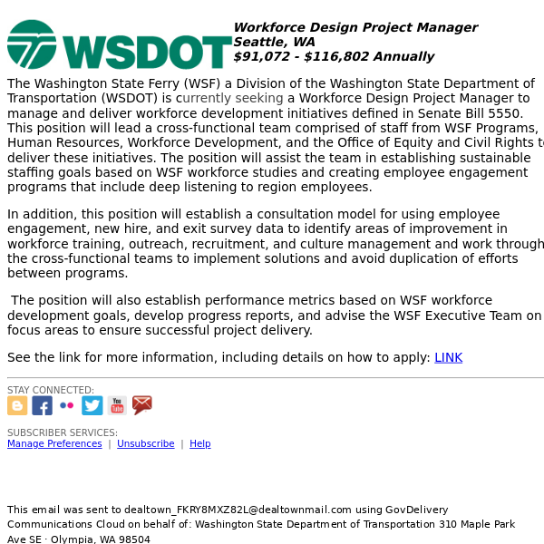Job Opportunity: Workforce Design Project Manager in Seattle, WA!