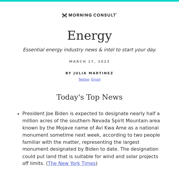 Morning Consult Energy: Biden Reportedly Plans to Designate Nevada's Spirit Mountain Area as National Monument