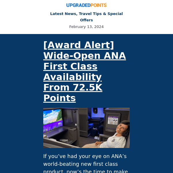 ANA first class for 72.5k points, Bilt Milestones, Virgin status match, and more news...