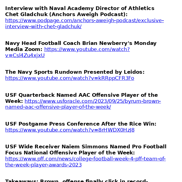 Navy Athletics Media Links for Monday