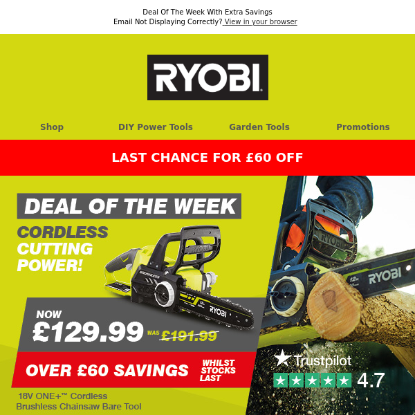 LAST CHANCE! 🏃Save over £60 on our ONE+ Chainsaw! 🎉 Hurry, Ends Today!