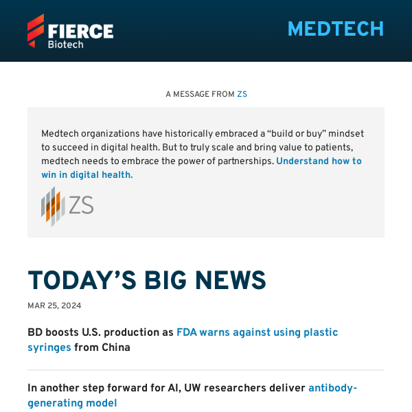 | 03.25.24 | BD ups US production as FDA warns against syringes from China; Researchers deliver antibody-generating AI