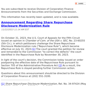Announcement Regarding Share Repurchase Disclosure Modernization Rule