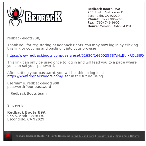 Account details for Redback Boots