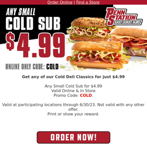 Save with our $4.99 Cold Sub Special