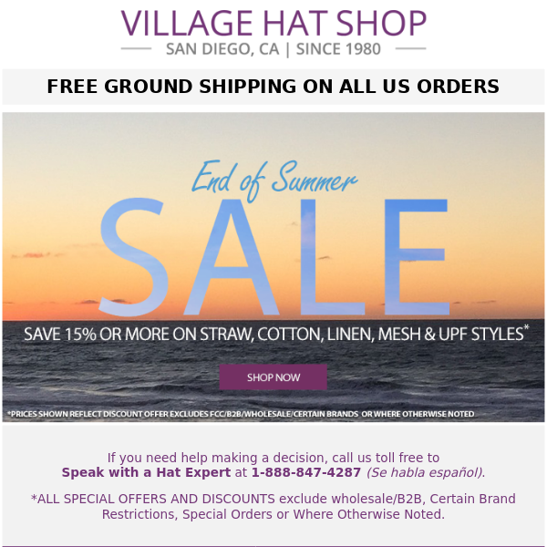 FINAL WEEKEND -- Save 15% or More on Straw, Cotton, Linen, Mesh & UPF Styles | End of Summer Sale | FREE USA Ground Shipping