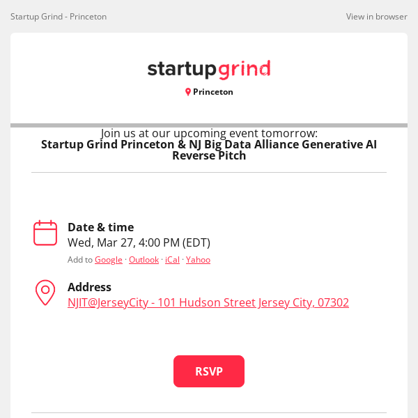 Event Tomorrow: Startup Grind Princeton & NJ Big Data Alliance Generative AI Reverse Pitch