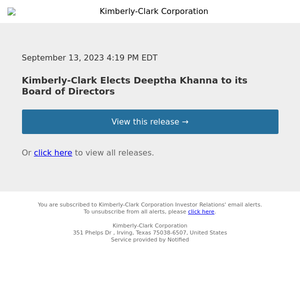 Kimberly-Clark Elects Deeptha Khanna to its Board of Directors